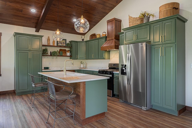 2018 County 5 NW, Hackensack, MN 56452 - kitchen featuring appliances with stainless steel finishes, green cabinetry, wooden ceiling, lofted ceiling, and dark wood finished floors