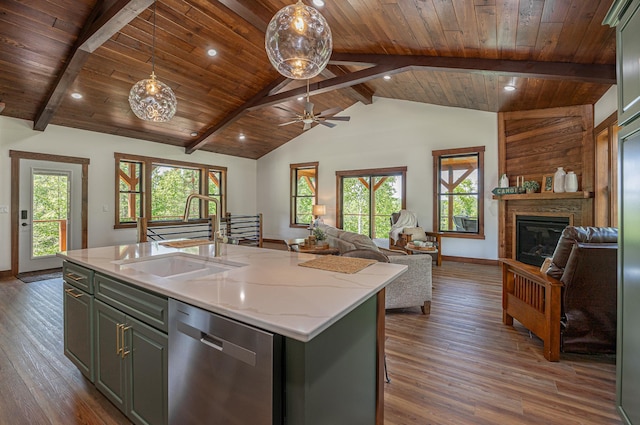 2018 County 5 NW, Hackensack, MN 56452 - kitchen featuring dishwasher, open floor plan, wood finished floors, wooden ceiling, and a glass covered fireplace