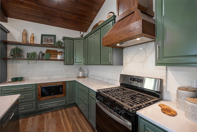 2018 County 5 NW, Hackensack, MN 56452 - kitchen with gas stove, green cabinets, custom range hood, lofted ceiling, and wood ceiling