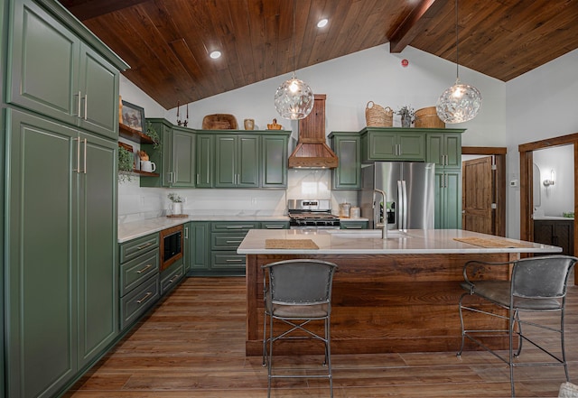 2018 County 5 NW, Hackensack, MN 56452 - kitchen with appliances with stainless steel finishes, green cabinetry, custom exhaust hood, open shelves, and a wood ceiling with exposed beams