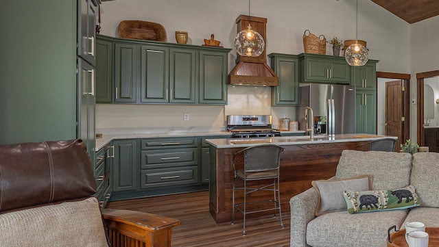 2018 County 5 NW, Hackensack, MN 56452 - kitchen featuring appliances with stainless steel finishes, green cabinetry, open floor plan, light countertops, and wood ceiling