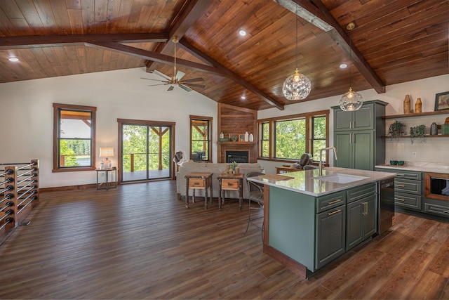 2018 County 5 NW, Hackensack, MN 56452 - kitchen with open floor plan, light countertops, a glass covered fireplace, dark wood-type flooring, and wood ceiling