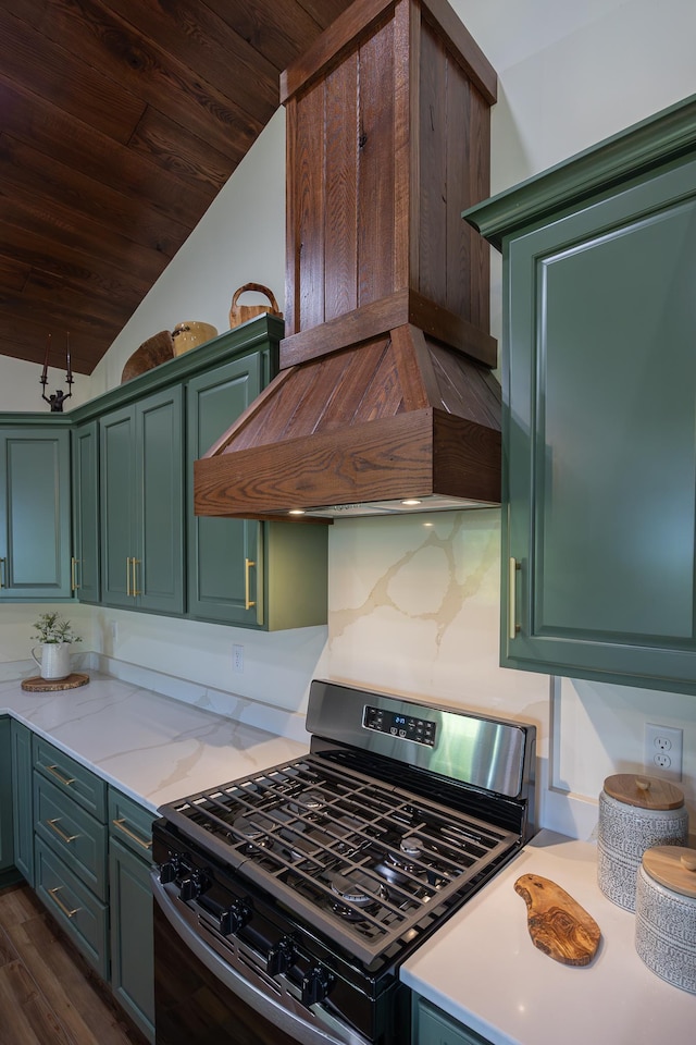 2018 County 5 NW, Hackensack, MN 56452 - kitchen with stainless steel range with gas cooktop, custom range hood, green cabinetry, wood ceiling, and lofted ceiling