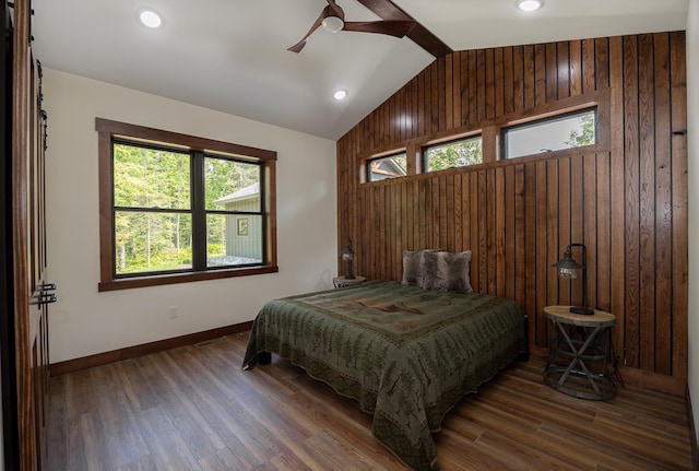 2018 County 5 NW, Hackensack, MN 56452 - bedroom with vaulted ceiling, wooden walls, multiple windows, wood finished floors, and recessed lighting