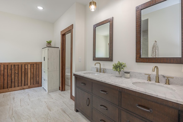 2018 County 5 NW, Hackensack, MN 56452 - full bathroom with double vanity, marble finish flooring, and recessed lighting
