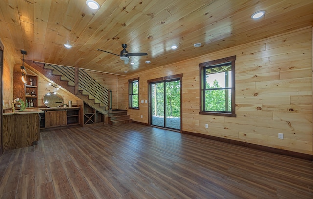 2018 County 5 NW, Hackensack, MN 56452 - unfurnished living room featuring wooden ceiling, stairs, dark wood-style floors, wooden walls, and a ceiling fan