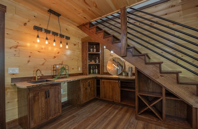 2018 County 5 NW, Hackensack, MN 56452 - bar area featuring wood walls, dark wood-style floors, stairway, and wooden ceiling