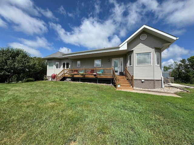 48285 229th Ave, Clearbrook, MN 56634 - rear view of property with stairs, a deck, a yard, crawl space, and french doors