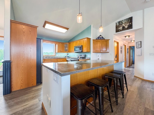 48285 229th Ave, Clearbrook, MN 56634 - kitchen featuring stainless steel appliances, wood finished floors, a kitchen breakfast bar, brown cabinetry, and glass insert cabinets