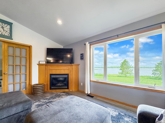48285 229th Ave, Clearbrook, MN 56634 - living room with vaulted ceiling, a glass covered fireplace, and recessed lighting