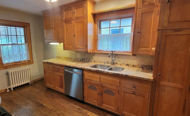 5015 17th Ave S, Minneapolis, MN 55417 - kitchen with dishwasher, radiator, tasteful backsplash, dark wood finished floors, and light stone countertops