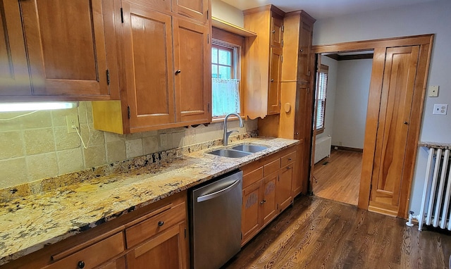 5015 17th Ave S, Minneapolis, MN 55417 - kitchen featuring stainless steel dishwasher, radiator, dark wood-style floors, tasteful backsplash, and light stone countertops