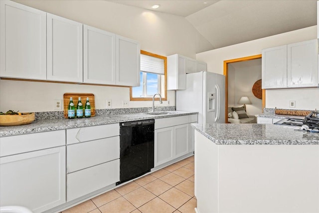3455 Kahler Dr NE, Saint Michael, MN 55376 - kitchen featuring dishwasher, white fridge with ice dispenser, light tile patterned floors, white cabinetry, and lofted ceiling
