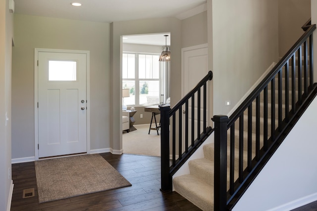 14620 106th Pl N, Maple Grove, MN 55369 - foyer featuring dark wood-style floors, stairs, recessed lighting, and a chandelier