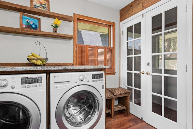 4405 6th St NE, Columbia Heights, MN 55421 - laundry room featuring washing machine and dryer, french doors, and dark wood finished floors