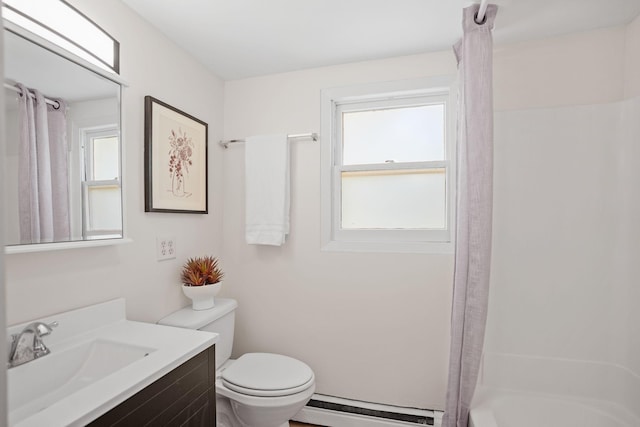 26030 2nd St W, Zimmerman, MN 55398 - bathroom featuring a baseboard radiator, vanity, and shower / bathtub combination with curtain