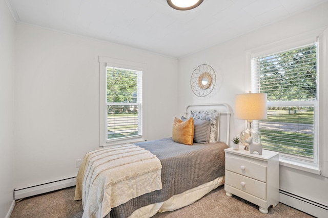 26030 2nd St W, Zimmerman, MN 55398 - bedroom featuring a baseboard radiator, light colored carpet, and ornamental molding