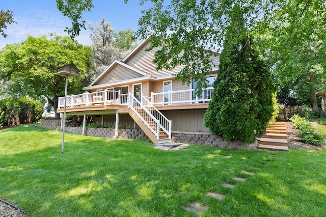 1701 Baywood Ln, Mound, MN 55364 - rear view of property with stairway, a wooden deck, and a lawn
