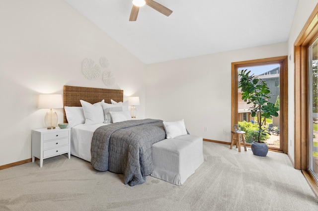 1701 Baywood Ln, Mound, MN 55364 - bedroom featuring access to outside, carpet flooring, vaulted ceiling, and ceiling fan