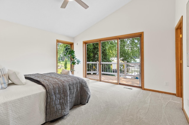 1701 Baywood Ln, Mound, MN 55364 - carpeted bedroom featuring access to exterior, high vaulted ceiling, and a ceiling fan