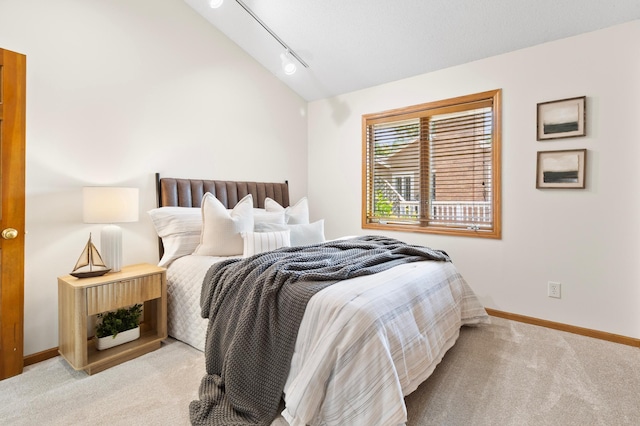 1701 Baywood Ln, Mound, MN 55364 - bedroom with light carpet, track lighting, and vaulted ceiling