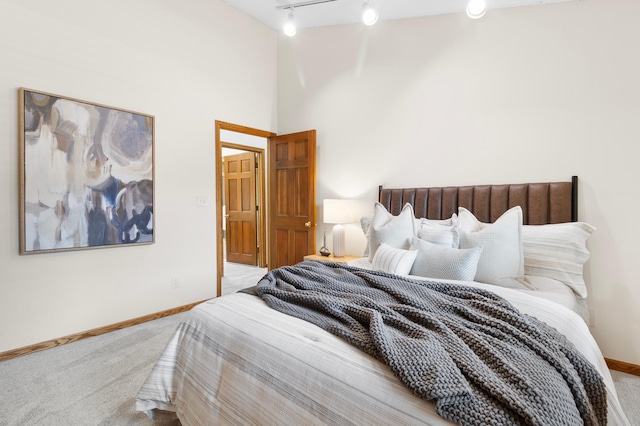1701 Baywood Ln, Mound, MN 55364 - bedroom featuring carpet, rail lighting, and a towering ceiling