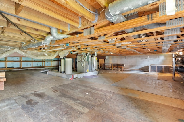 1701 Baywood Ln, Mound, MN 55364 - basement featuring water heater, concrete block wall, a water softener system, and heating unit