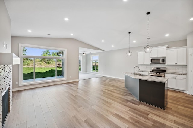 4786 384th St, North Branch, MN 55056 - kitchen featuring stainless steel appliances, open floor plan, light stone counters, decorative backsplash, and light wood finished floors