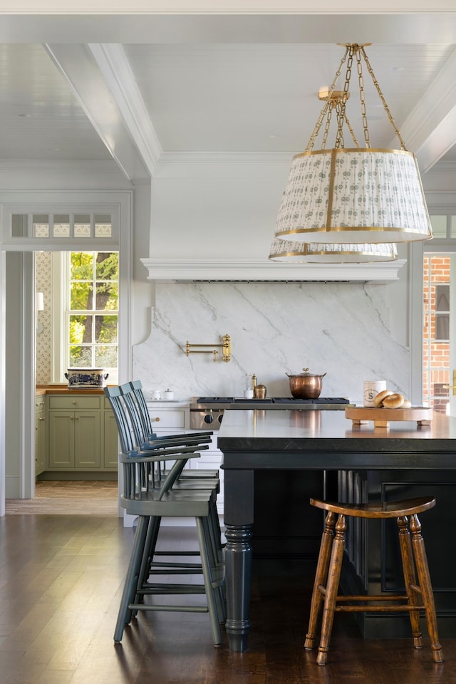 14XX Fox St, Wayzata, MN 55391 - kitchen featuring crown molding, tasteful backsplash, and wood finished floors