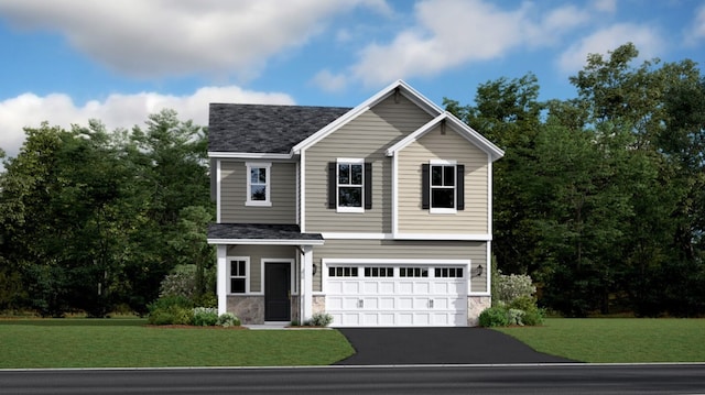 10663 Hemingway Ave S, Cottage Grove, MN 55016 - traditional-style home with driveway, an attached garage, a front lawn, stone siding, and roof with shingles