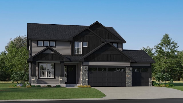 2436 Hadley Hills Dr NE, Rochester, MN 55906 - craftsman inspired home featuring board and batten siding, stone siding, a front lawn, and roof with shingles