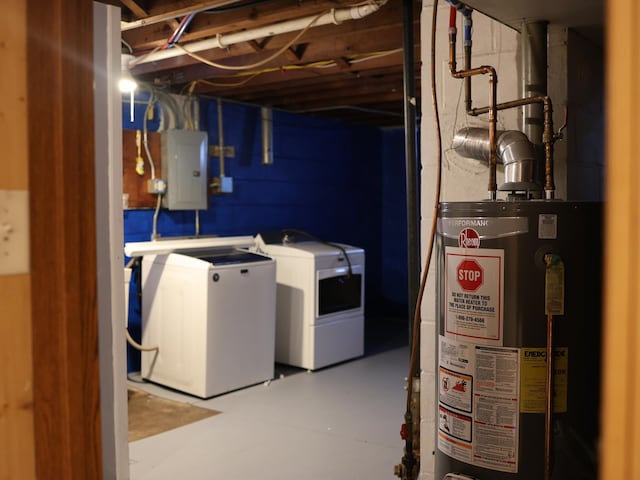 1682 Cottage Ave E, Saint Paul, MN 55106 - unfinished below grade area featuring electric panel, water heater, separate washer and dryer, and refrigerator