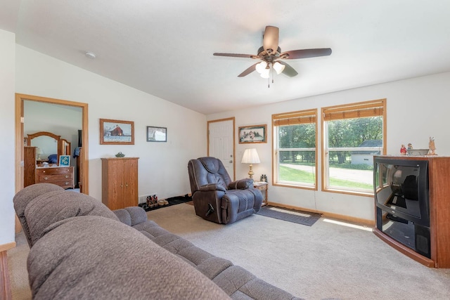 39205 436th St, Saint Peter, MN 56082 - carpeted living room with lofted ceiling and a ceiling fan