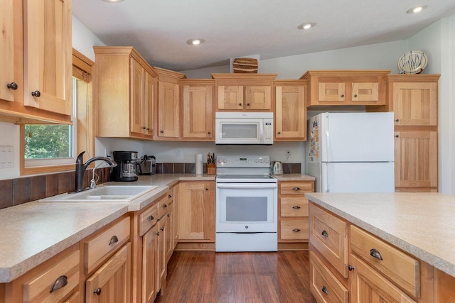 39205 436th St, Saint Peter, MN 56082 - kitchen featuring white appliances, light brown cabinetry, light countertops, and recessed lighting