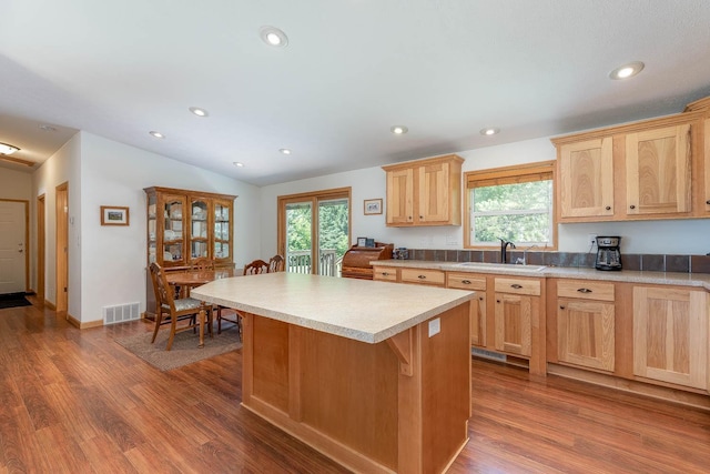 39205 436th St, Saint Peter, MN 56082 - kitchen with light brown cabinetry, dark wood-style flooring, plenty of natural light, recessed lighting, and lofted ceiling
