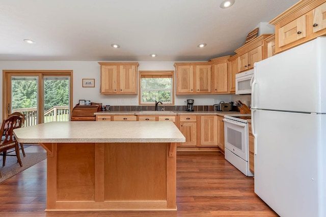 39205 436th St, Saint Peter, MN 56082 - kitchen with white appliances, light brown cabinetry, dark wood-style flooring, light countertops, and recessed lighting