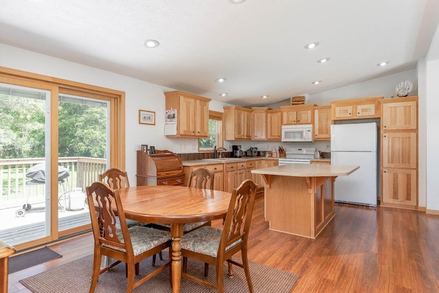 39205 436th St, Saint Peter, MN 56082 - dining area featuring wood finished floors, lofted ceiling, and recessed lighting