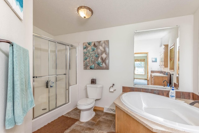 39205 436th St, Saint Peter, MN 56082 - full bath featuring vanity, a stall shower, a garden tub, and stone finish flooring