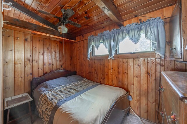 14676 Devitt Ave NW, Silver Creek Twp, MN 55362 - bedroom with a wood ceiling with exposed beams and wood walls