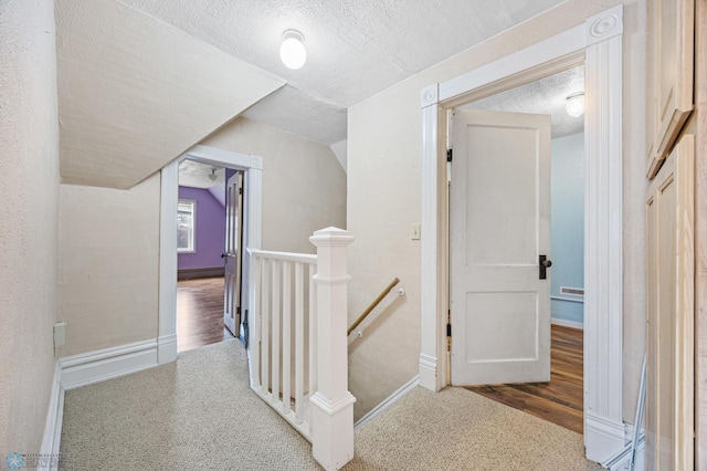 362 5th Ave N, Casselton, ND 58012 - hallway with an upstairs landing, a textured ceiling, carpet floors, and lofted ceiling