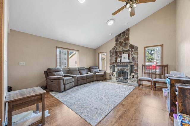 362 5th Ave N, Casselton, ND 58012 - living room featuring wood finished floors, plenty of natural light, a ceiling fan, and high vaulted ceiling