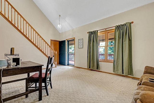 417 Whiskey Rd SW, Isanti, MN 55040 - interior space with stairs, high vaulted ceiling, and light colored carpet