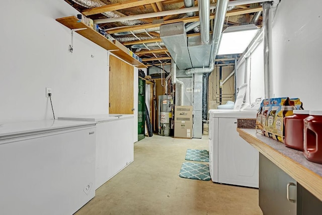 417 Whiskey Rd SW, Isanti, MN 55040 - unfinished basement with washing machine and dryer, refrigerator, gas water heater, and heating unit