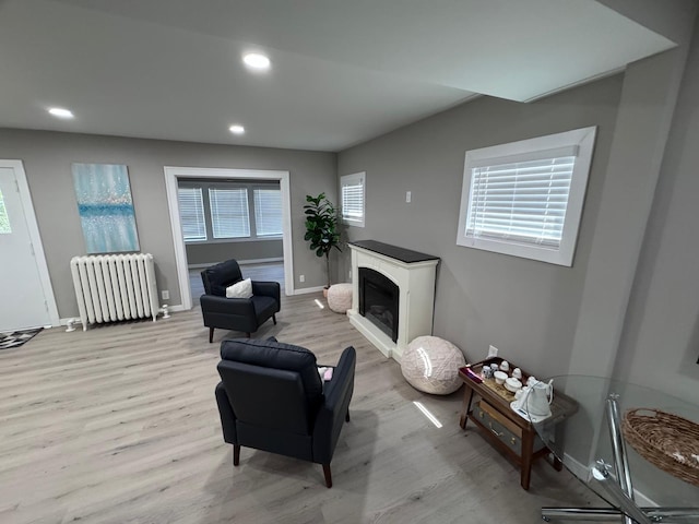 4644 Lyndale Ave S, Minneapolis, MN 55419 - living area with radiator, light wood finished floors, a glass covered fireplace, and recessed lighting