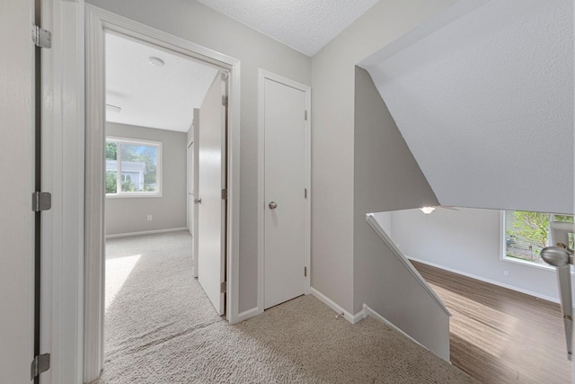 2112 York St, Saint Peter, MN 56082 - hall featuring an upstairs landing, a textured ceiling, and carpet floors