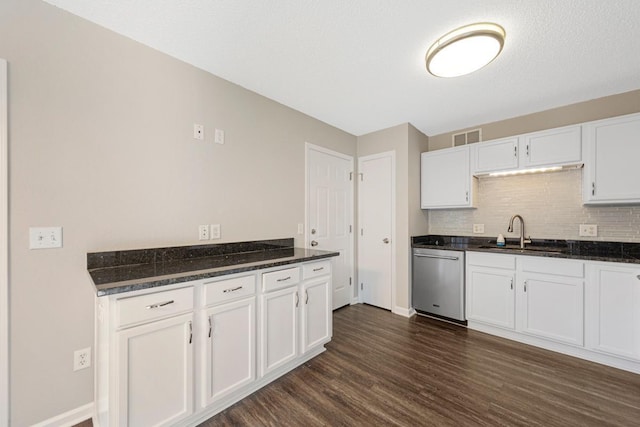 2112 York St, Saint Peter, MN 56082 - kitchen featuring dishwasher, dark wood finished floors, and white cabinetry