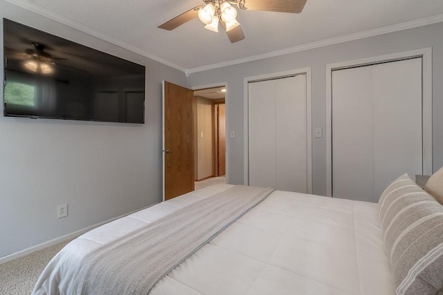 385 Lexington Ave, Le Center, MN 56057 - bedroom with multiple closets, crown molding, a ceiling fan, and carpet floors