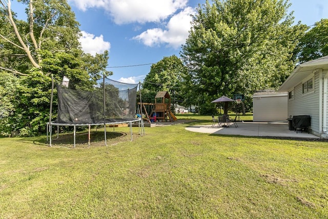385 Lexington Ave, Le Center, MN 56057 - view of green lawn featuring a trampoline, a playground, and a patio