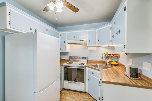 536 County Road J W, Shoreview, MN 55126 - kitchen with white appliances, under cabinet range hood, ceiling fan, light wood-style floors, and light countertops