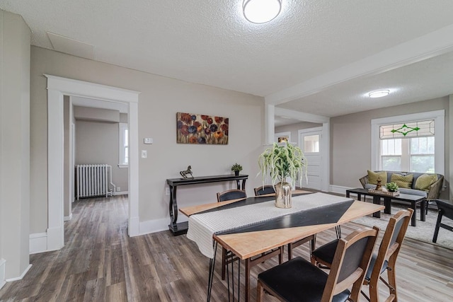 2156 Saint Anthony Ave, Saint Paul, MN 55104 - dining space featuring radiator, dark wood finished floors, and a textured ceiling